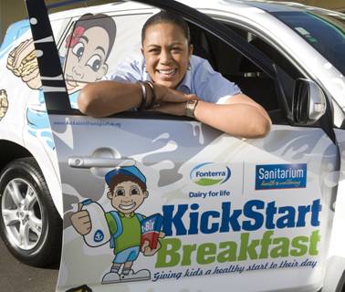 Kickstart Breakfast Ambassador Beatrice Faumuina shows of the new 'Breakfast Bus'